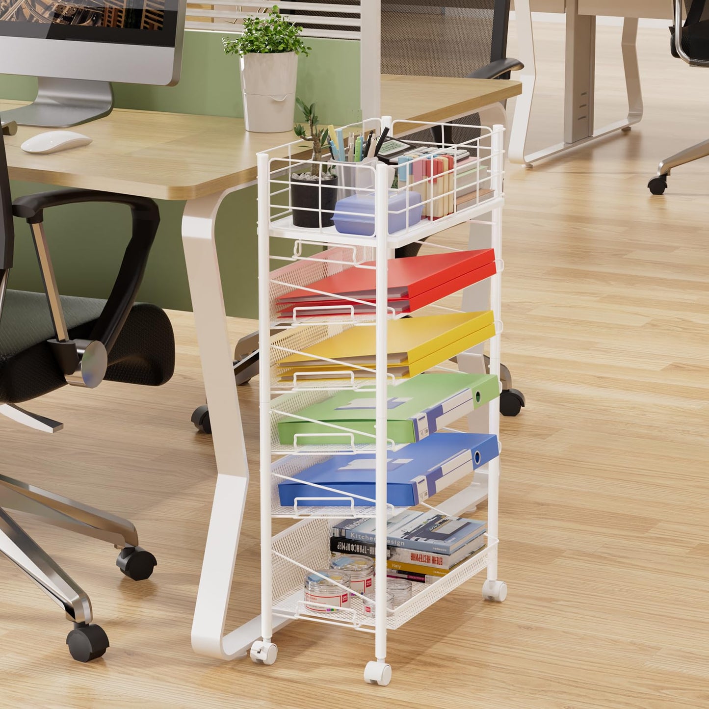 6 Tier Metal Mesh File Trolley with Lockable Wheels, Slim Rolling File Cart Desk Side Organiser