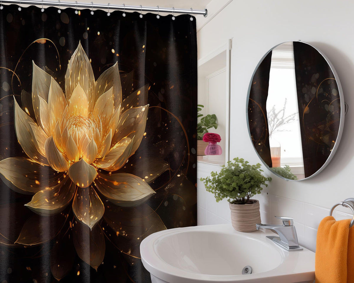 LanZanthic Lotus Shower Curtains for Bathroom Black and Gold Floral Spa Zen Wet Room Shower Curtain with hooks, Mould Proof Resistant, Waterproof