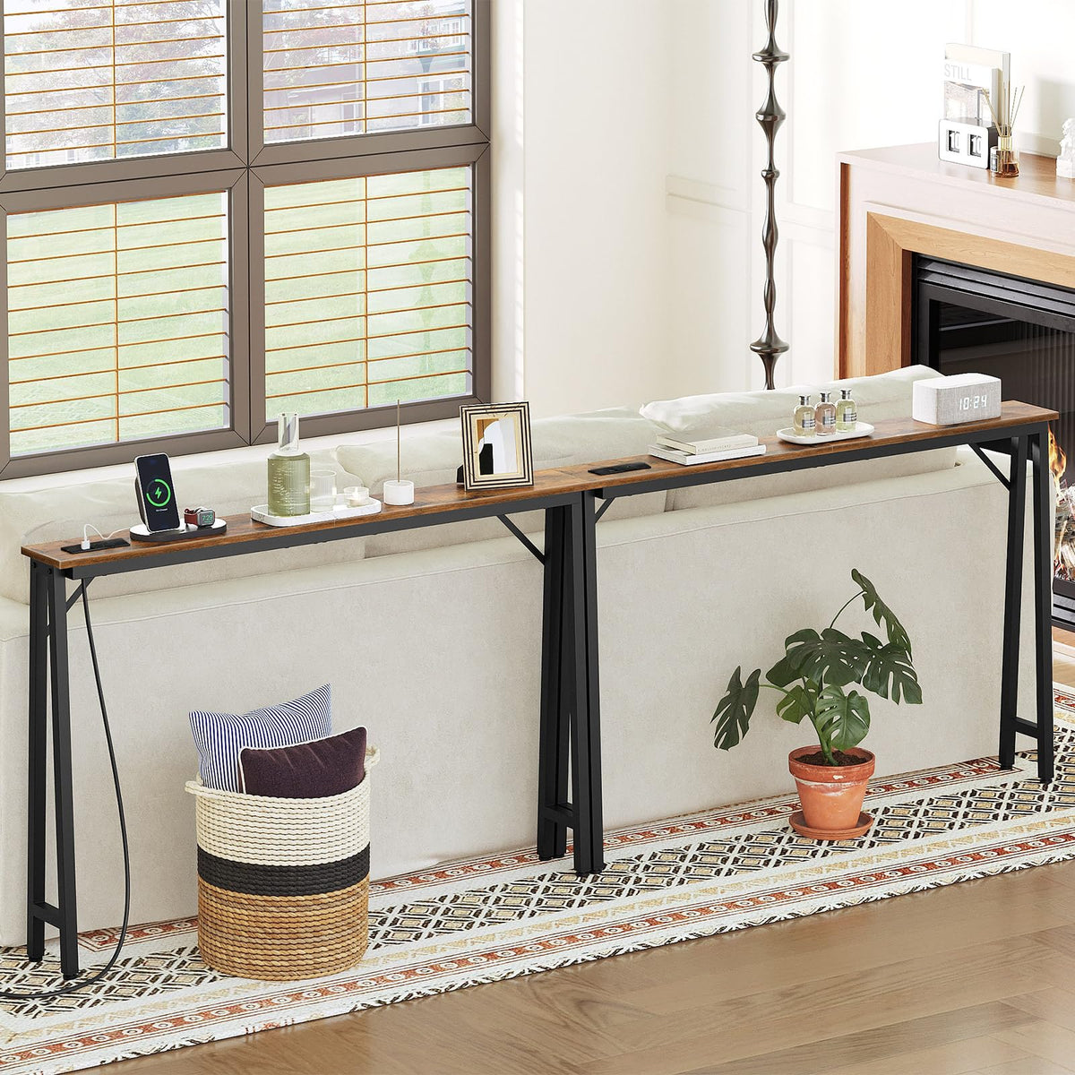 YATINEY Console Table, Slim Behind Sofa Table with Charging Station, Skinny Entryway Table，Metal Frame, for Living Room, Entryway, Hallway