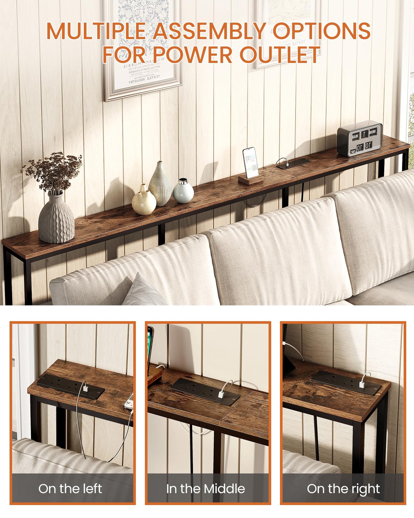 CHOEZON 200 cm Narrow Console Table with Power Outlet, 18 cm Skinny Sofa Table, Long Behind Couch Table with Charging Station, for Entryway, Hallway