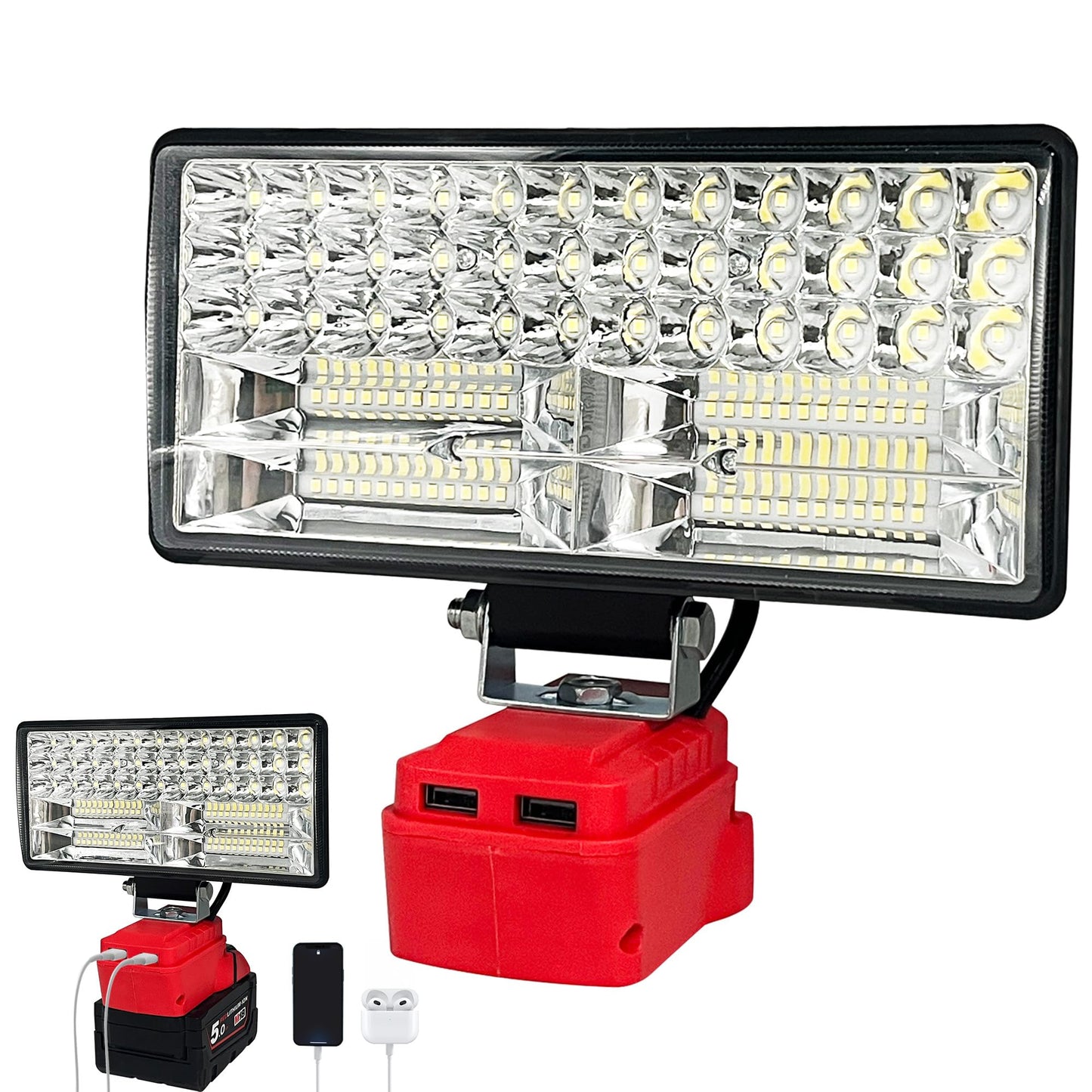 Cordless LED Work Light for Milwaukee 18V Battery, 90W 6800ML LED Wide Beam Floodlight with Two USB Charging Port, Job Site Light for Emergency,