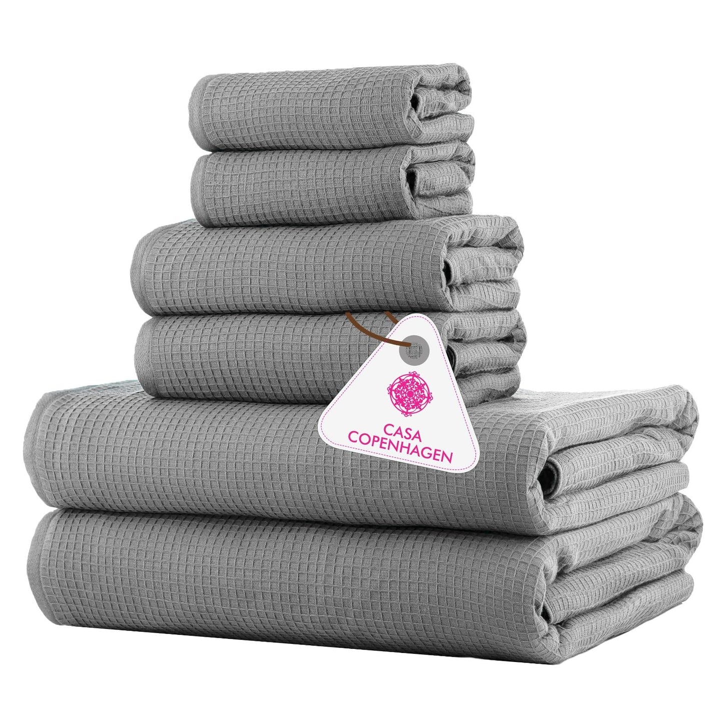CASA COPENHAGEN Waffle Terry 6-Piece Set, Cotton, extra large, luxurious, Gray-Violet, 2 bath towels XL, 70x140 cm, 2 large hand towels, 50x80 cm