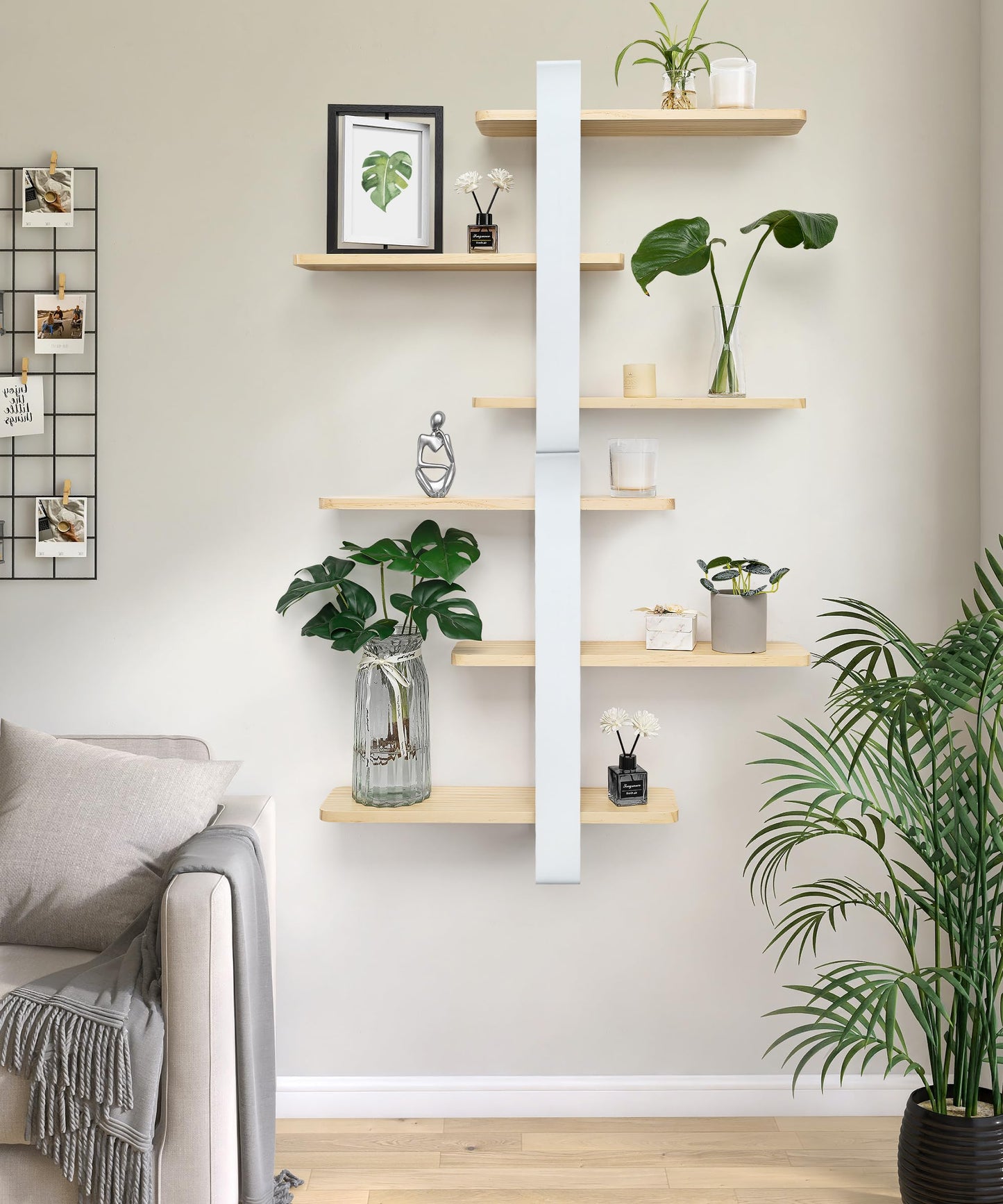 SUMGAR Floating Shelves White for Wall Mounted Shelving Unit All Pine Wood 50CM 3 Tier Large Shelf for Bedroom Living Room Office Bathroom Home