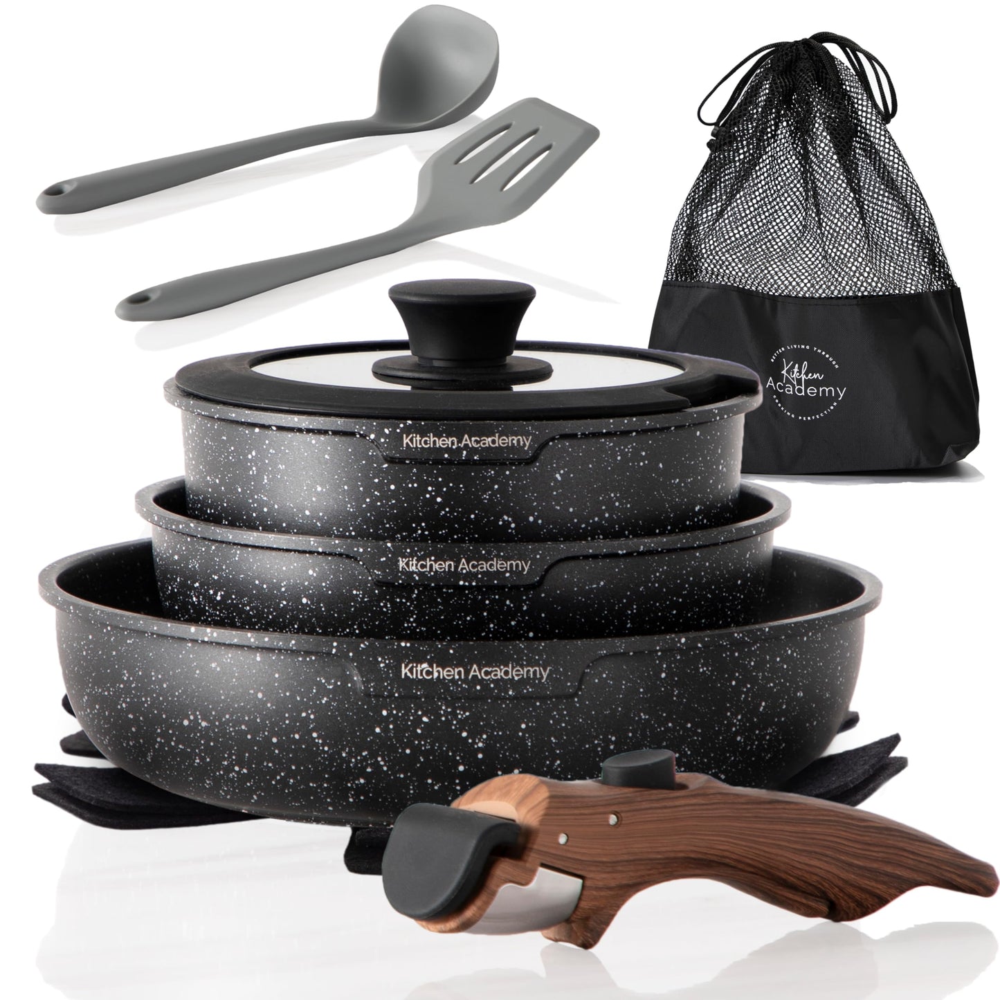 Kitchen Academy Non Stick Pots and Pans Set, Detachable Handle Induction Hob Pans Set,10 Piece Black Granite Cookware Set with Removable Handle