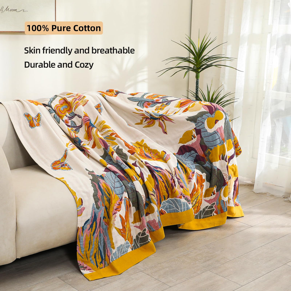 VANJOROY Double-sided Sofa Large Bed Throw Blanket, 100% Pure Cotton Soft Warm Bohemian Armchair Throw for 2 3 Seater Settees Couch and Bed,