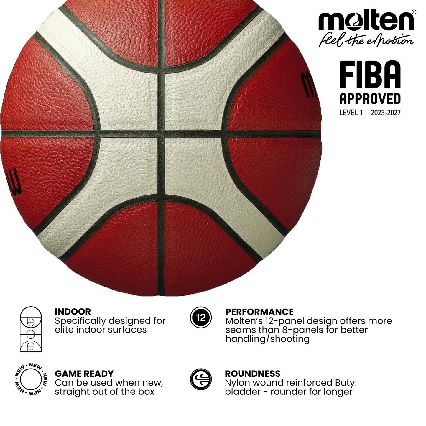 Molten BG3800 Basketball, Indoor, FIBA Approved, Composite Leather, Size 6, Orange/Ivory, Suitable For Boys age 12, 13, 14 and Girls age 14 & Adult