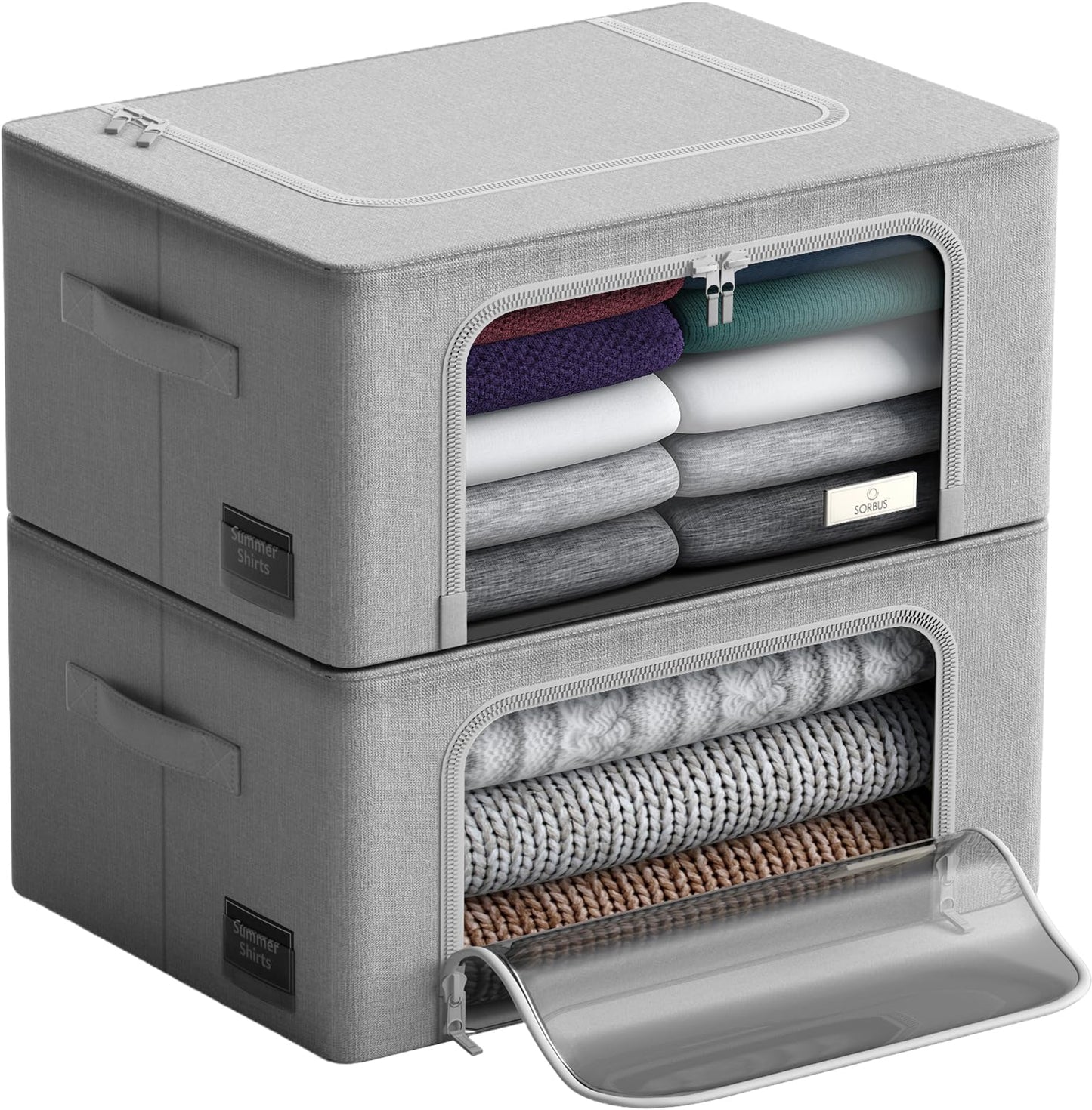 Sorbus Clothes Storage Organizer Bins,Stackable & Foldable Fabric Container Set with Large Clear Window & Carry Handles,For Bedroom, Closet, Linens