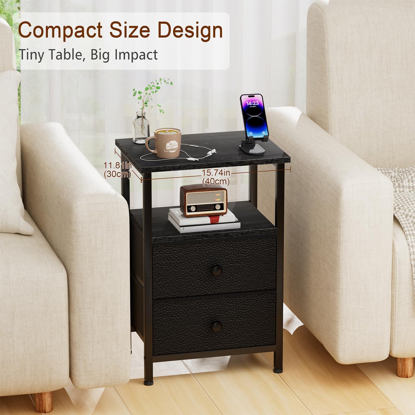 LOAKEKEL Bedside Table, Side Tables Set of 2 with 2 Fabric Drawers