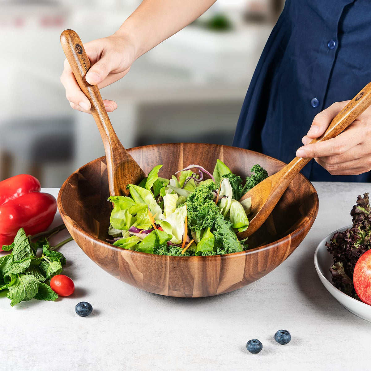 BF BILL.F SINCE 1983 Wooden Salad Bowl 30cm, Acacia Wood Salad Bowls Set, Large Salad Serving Bowl for Fruits Mixing Bowl with Servers-3-Piece Large