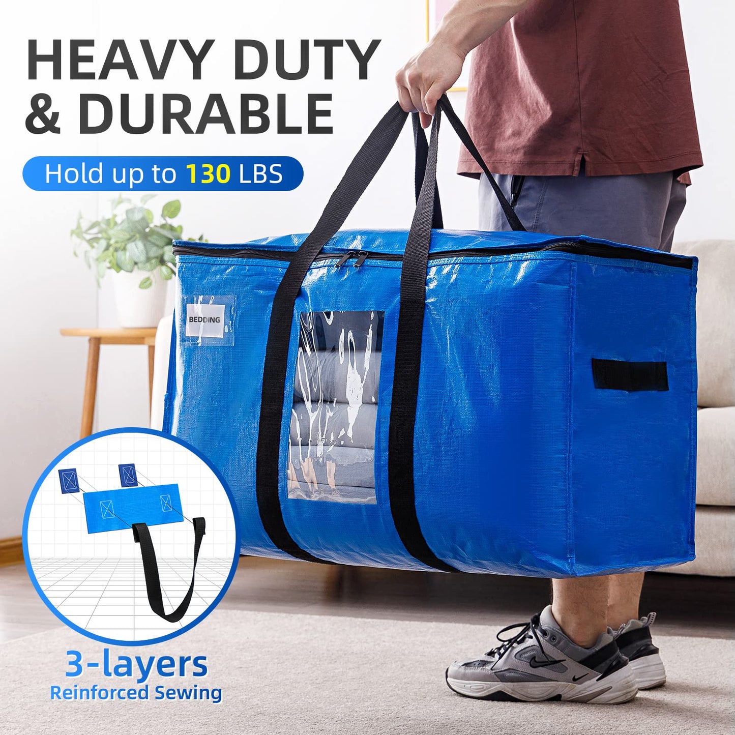 TAILI Moving Bags Extra Large Storage Bags 4 Pack, Clear Window & Reinforced Handles,Heavy Duty Storage Bags with Zips for