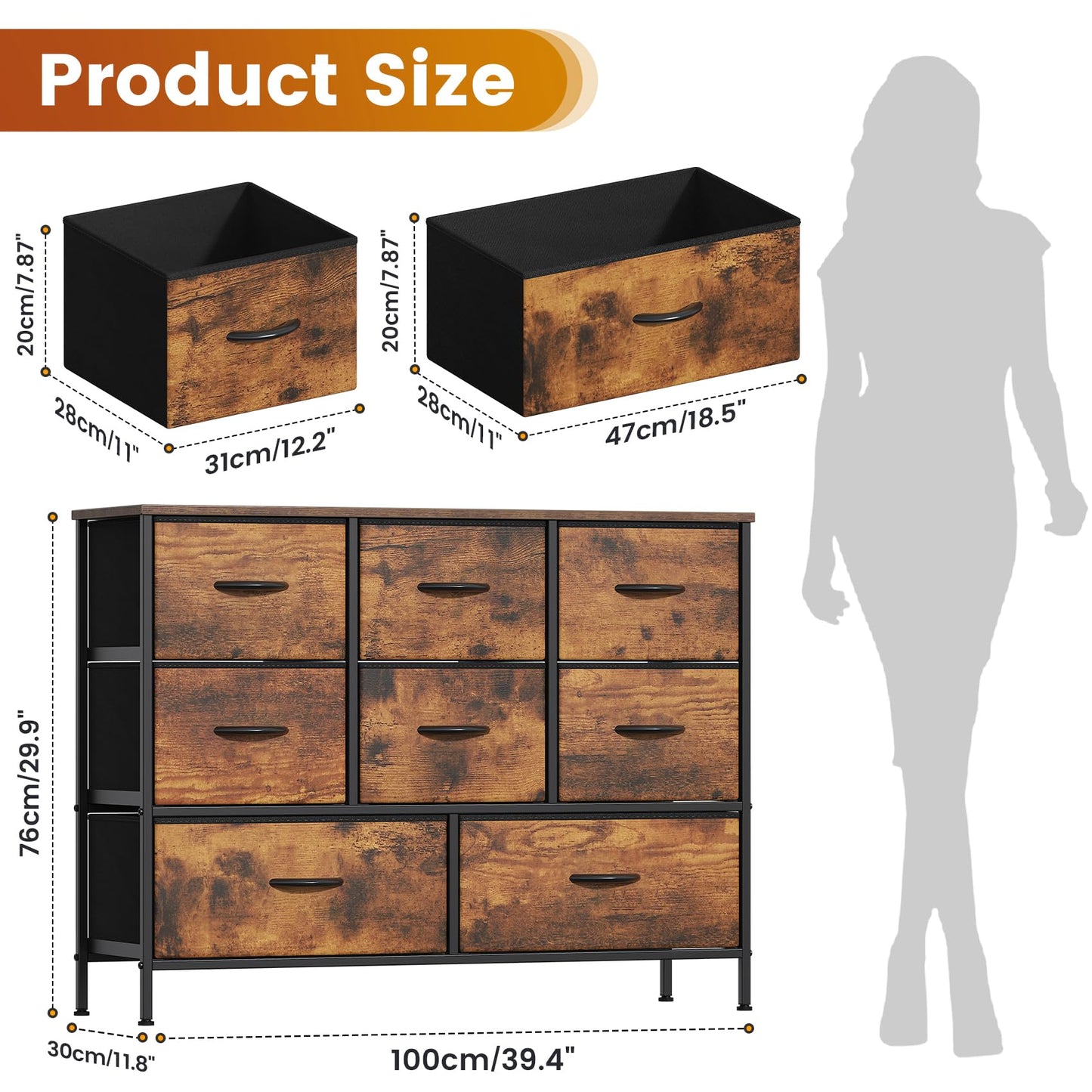 Feonase Chest of Drawers, Bedroom Dresser with 8 Fabric Drawers, Metal Frame & MDF Wood Top, Adjustable Feet, Storage Organizer Unit for Bedroom