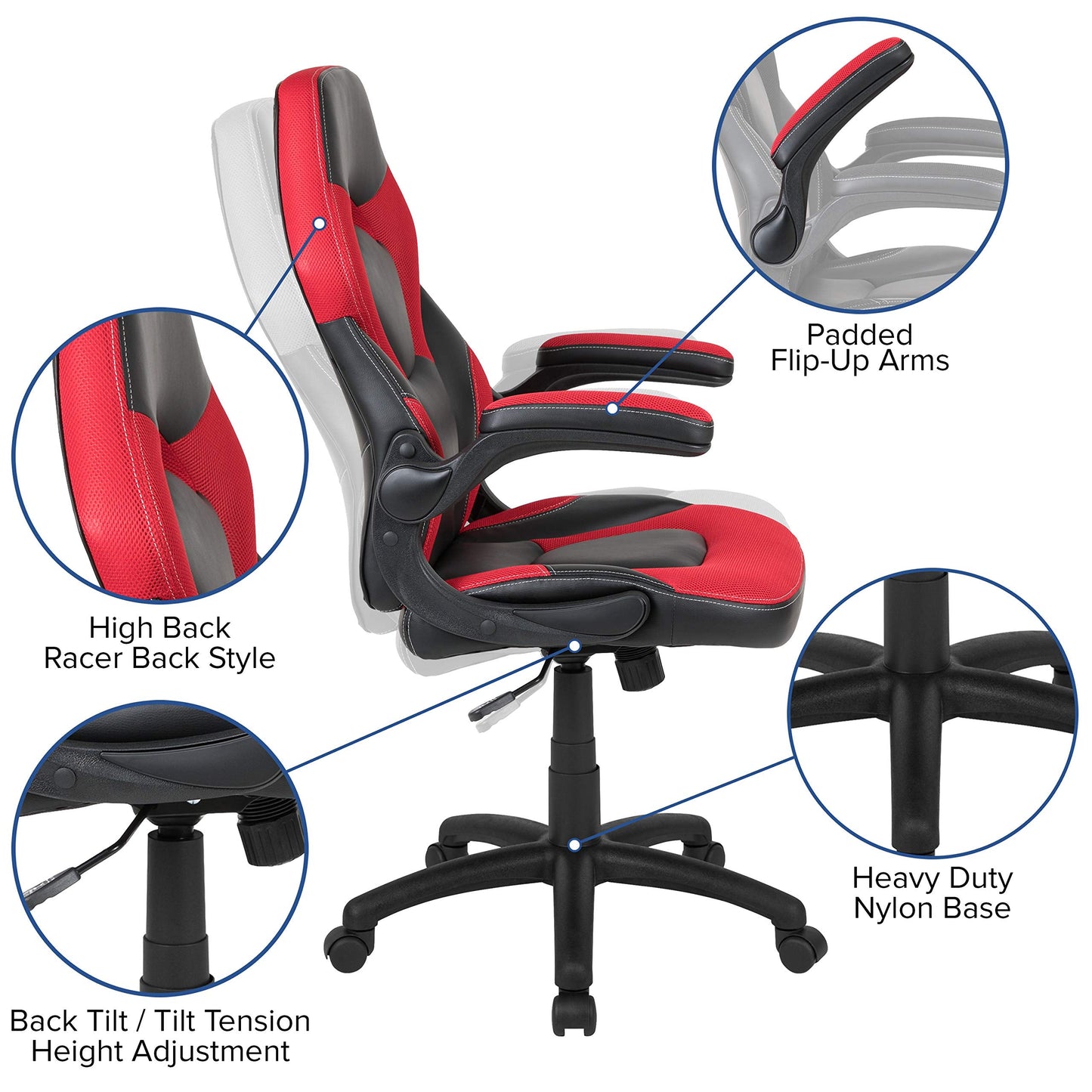 Flash Furniture X10 Gaming Chair - Ergonomic, Adjustable Gamer Chair with Back Support, LeatherSoft, Red/Black