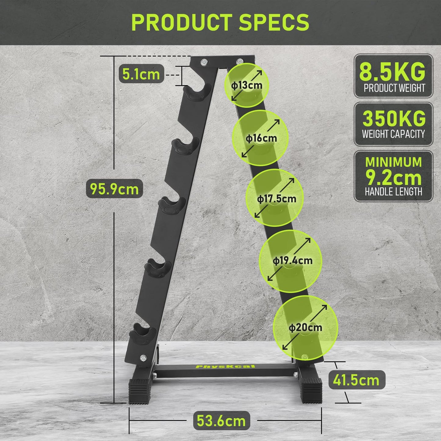 PhysKcal Dumbbell Rack Heavy Duty Steel 350kg Load Bearing, 5-Tier Weights Storage Dumbbell Stand, Dumbbell Tree Stand Weights Holder for Home Gym