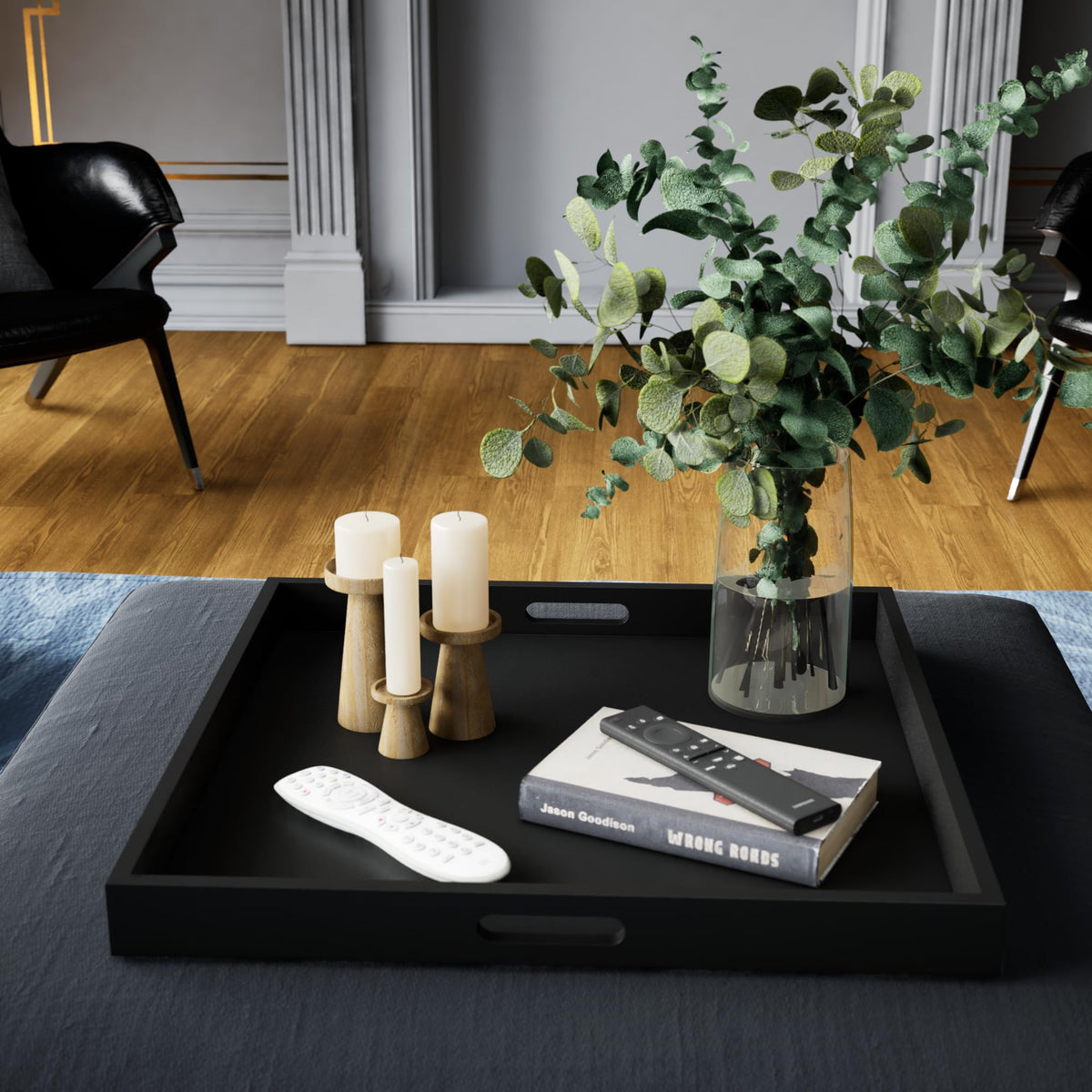 Hanobe Square Large Ottoman Tray: Modern Extra Large Black Serving Decorative Trays with Cutout Handles for Living Room Coffee Table Home, 20"