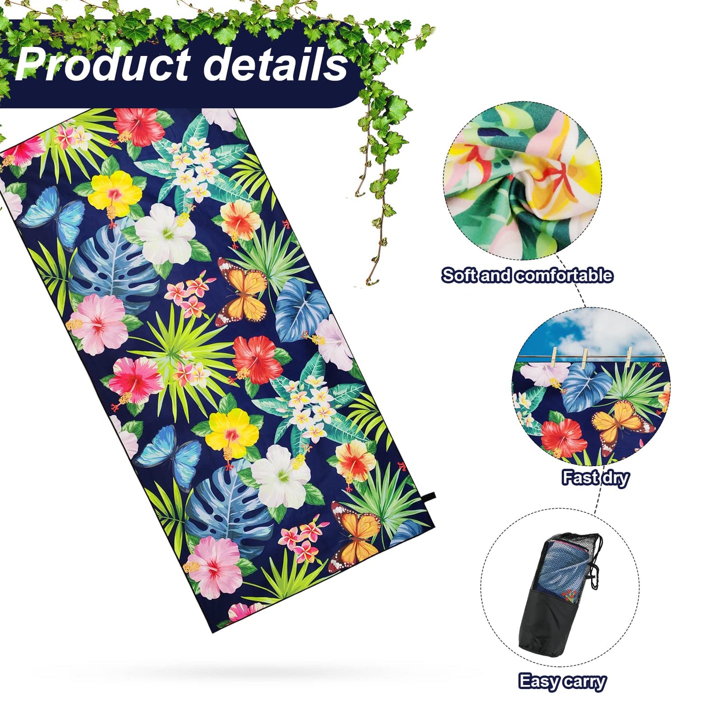 Beach Towels for Adults Kids,160 x 80cm Microfibre Swimming Towel Large Beach Towel Quick Drying Sand Free Pool Towel Lightweight Aloha Hawaiian