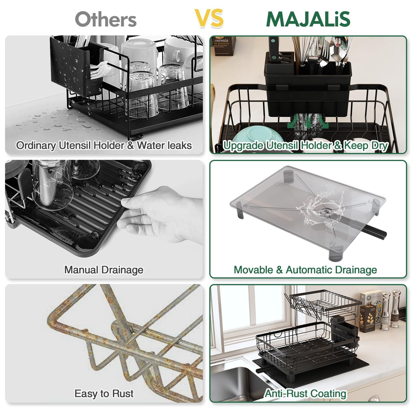 MAJALiS Dish Drainer Rack, 2 Tier Dish Drainer with Drip Tray and Drainer Mat, Stainless Steel Dish Rack with Utensil Holder, Swivel Spout, Draining