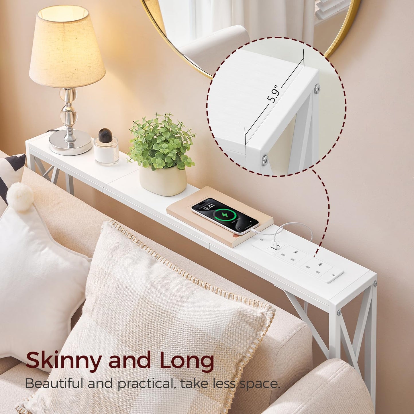 MAHANCRIS Console Table with Charging Station, 100 CM Narrow Sofa Table, Long Entryway Table, Hallway Table with USB Ports