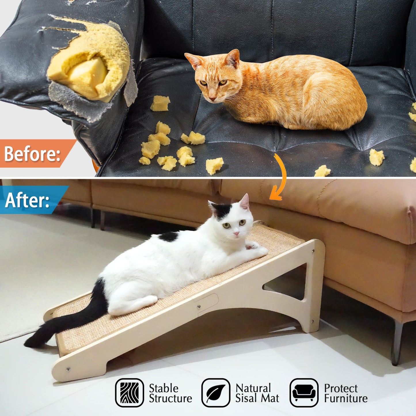 PETKARAY Cat Scratcher, Sisal Cat Scratching Ramp, L Shape Cat Scratch Pad for Indoor Cats, 27" Wall Furniture Protector with Mouse Toy