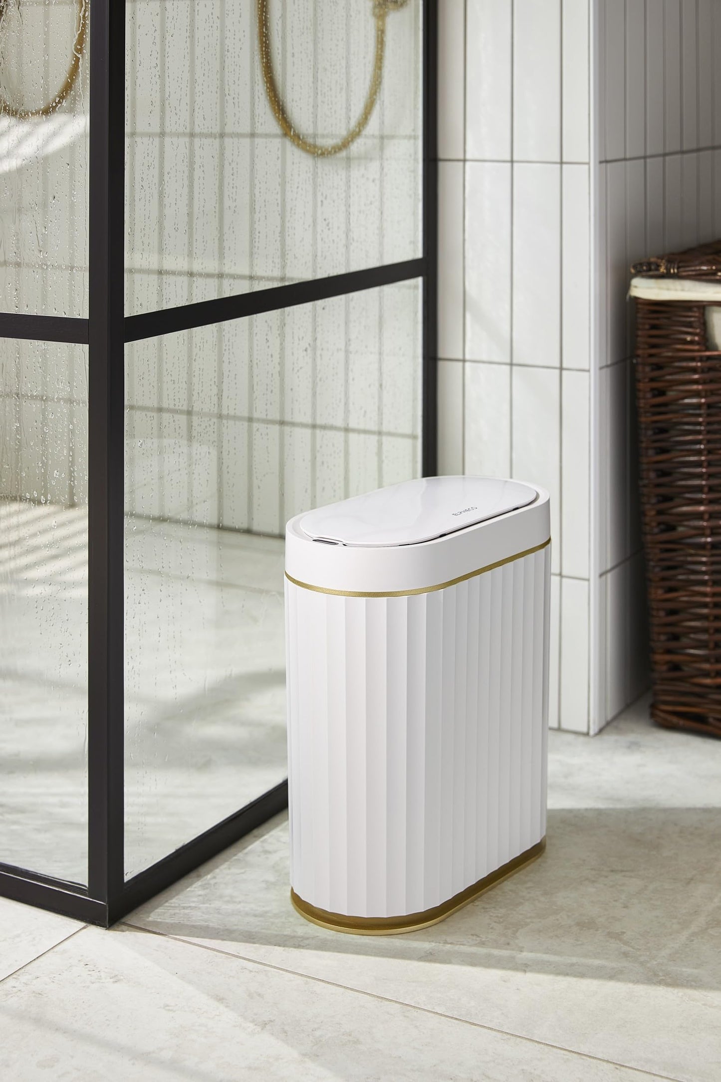 ELPHECO Bathroom Bin with Lid - Waterproof Automatic Trash Can, 2 Gallon Slimline Smart Wastebasket, 9L Narrow Motion Sensor Garbage Bin for Bedroom