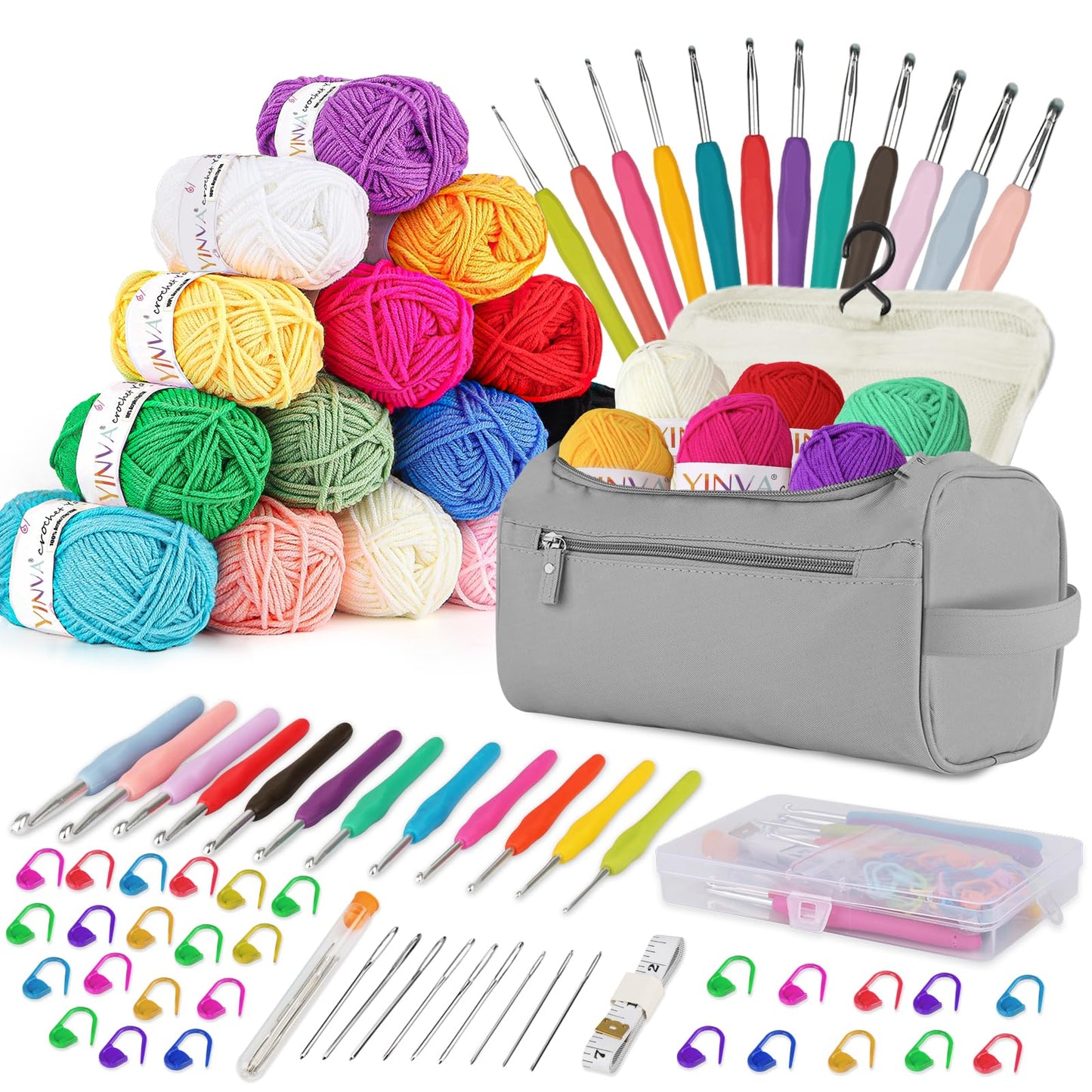 Crochet Kits for Beginners Adults Crochet Hooks Set 15Pcsx25g Crochet Yarns Ergonomic Metal Crochet Hooks 2mm-8mm Knitting Accessories Tools Storage