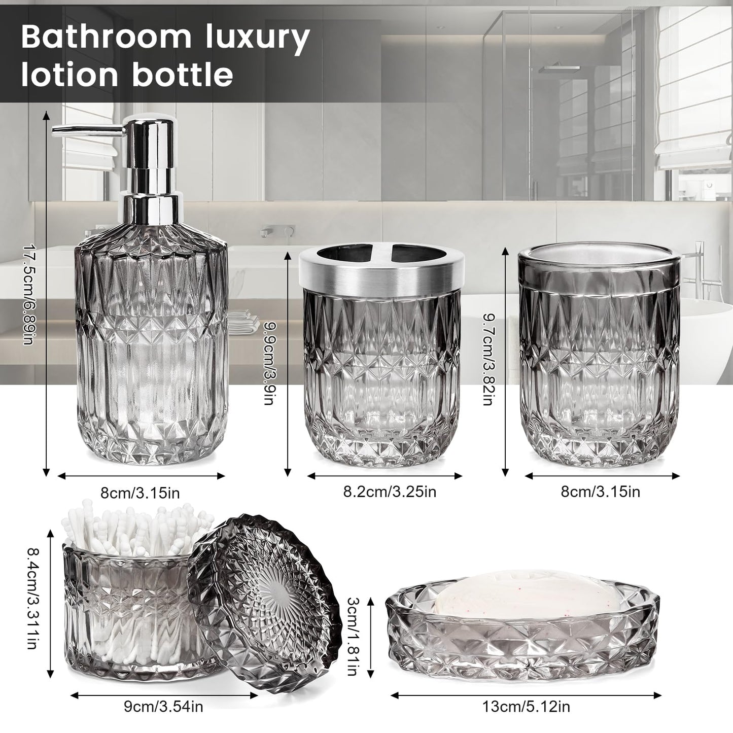 Glass Bathroom Accessories Set of 5, Gradient Smoke Gray Organizer Kit