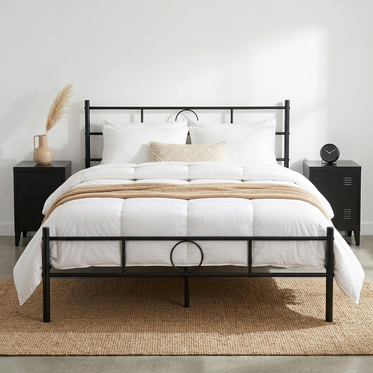 FurnitureR Black Metal Double Bed Frame with Decorative Headboard, Heavy Duty Steel Slats, Noise-Free Support, No Box Spring Needed, Easy Assembly