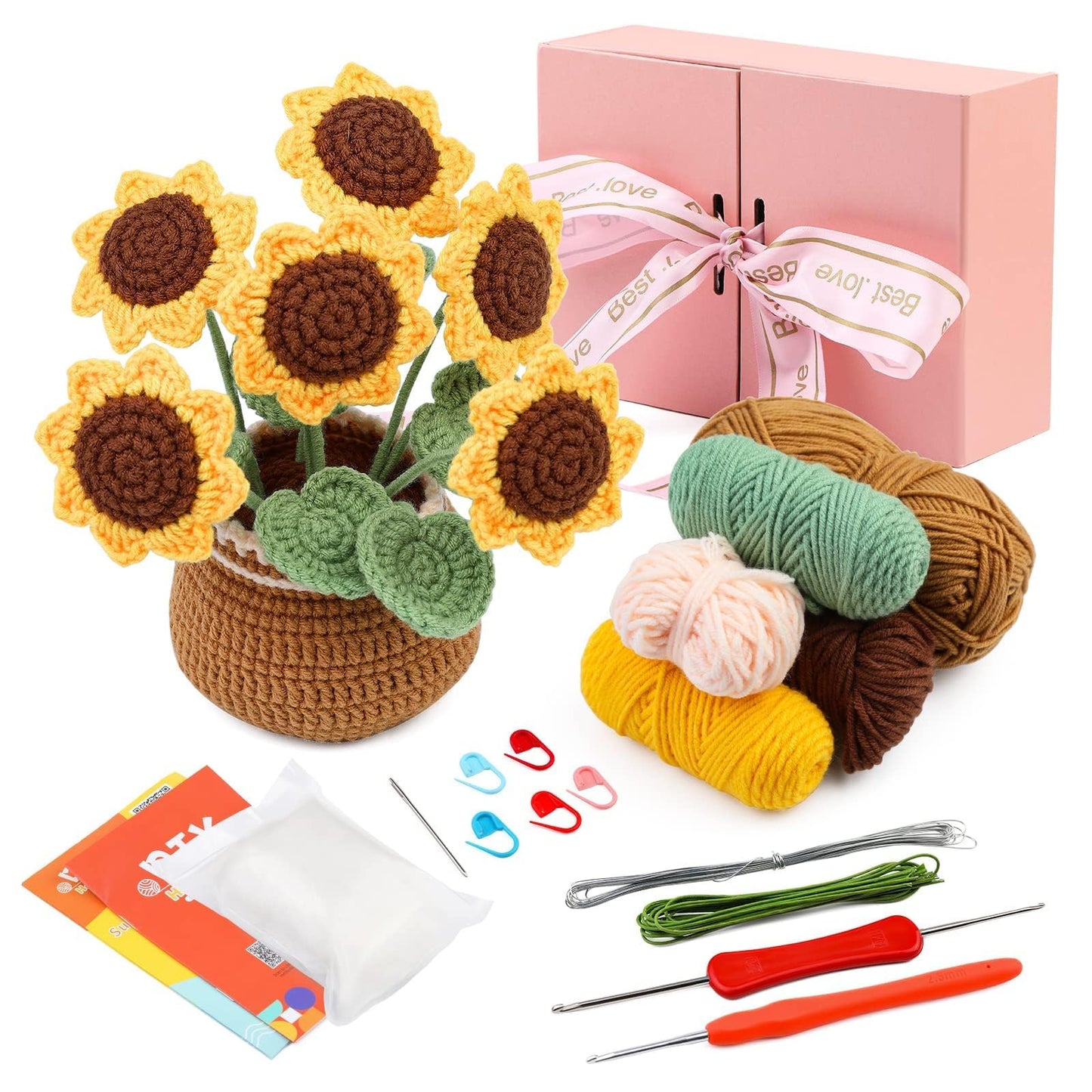 ENCHOL Beginners Crochet Kit, Crochet Kits for Beginners Adults, Complete Crochet Starter Kits, Crochet Potted Flowers, Mother's Day Sunflower Potted
