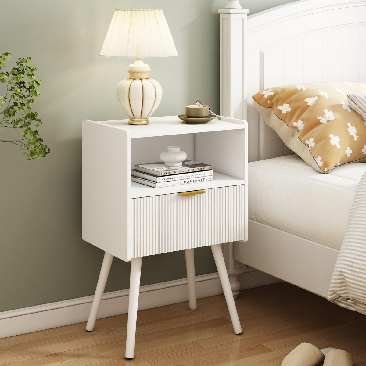 JERX Modern Bedside Table with Storage Drawer and Open Wood Shelf Nightstand for Living Room, Bedroom and Small Spaces, Accent Side Table with Solid