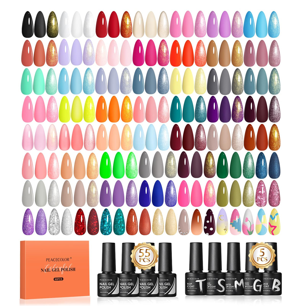 Peacecolor 60PCs Gel Nail Polish Set 55 Colors Gel Polish Kit with Glossy/Matte/Glitter 5Pcs Top Coat & Base Coat Soak Off U V Lamp Glitter Pink White