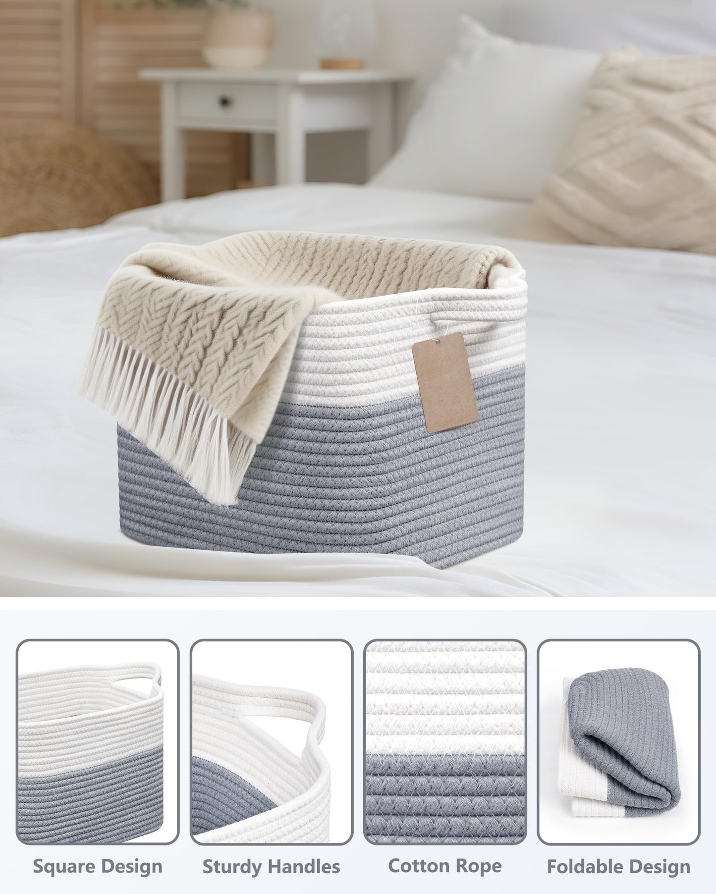 JOJOSEE Small Cotton Woven Storage Basket for Shelves, White&Grey,3PCS