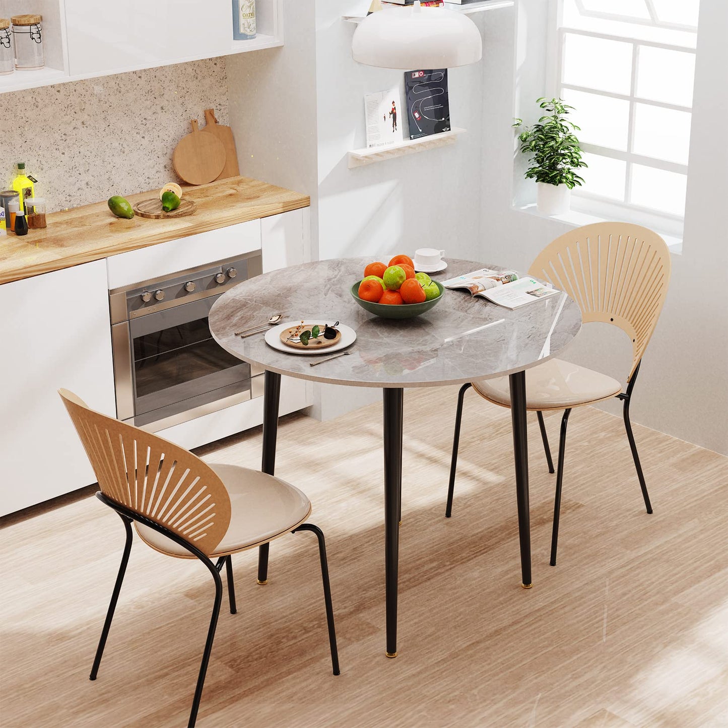 Kitchen Dining Table Marble Tabletop: Round 80cm Modern Sintered Stone Grey Marble Top Dinner Tables with Tapered Metal Legs Living Room Furniture
