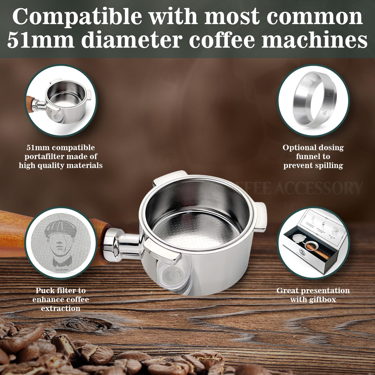 Gritty Blenders 51mm Bottomless Portafilter with Compatible Puck Screen, Basket and Dosing Ring | Compatible with De'Longhi Dedica EC680-685, and Smeg