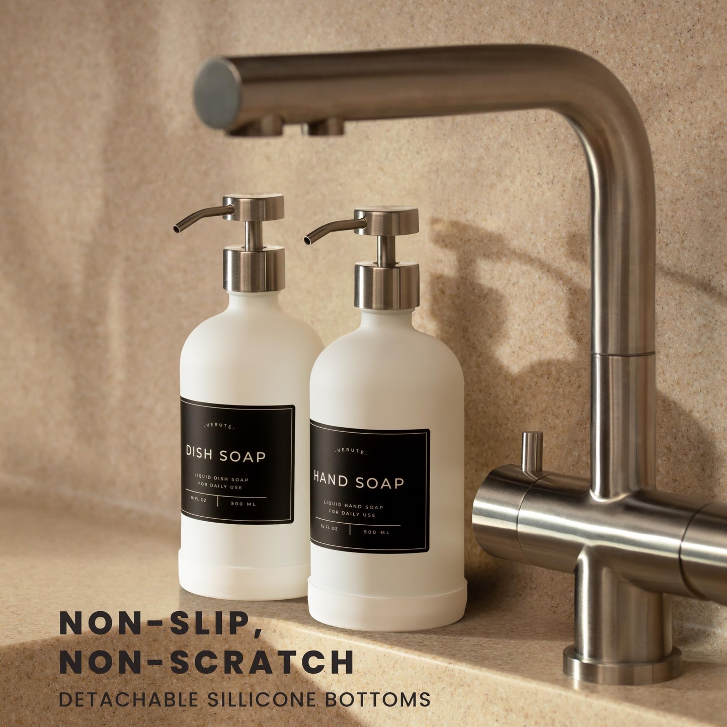 Glass Soap Dispenser Set for Kitchen & Bathroom - 2 x 500ml Refillable Glass Bottles with Stainless Steel Pumps