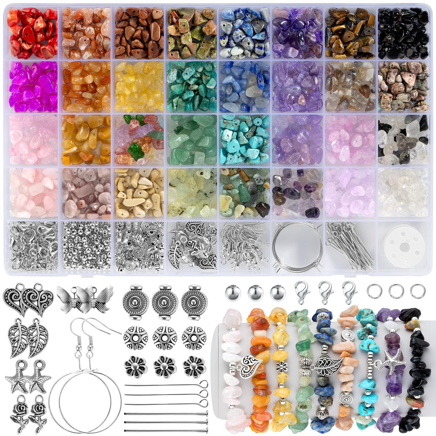 Funtopia 32 Colors Crystal Beads for Jewellery Making,1200 Pcs Bracelet Making Kit Adults Natural Stone Beads 5-8mm Irregular Crystals and Gemstones