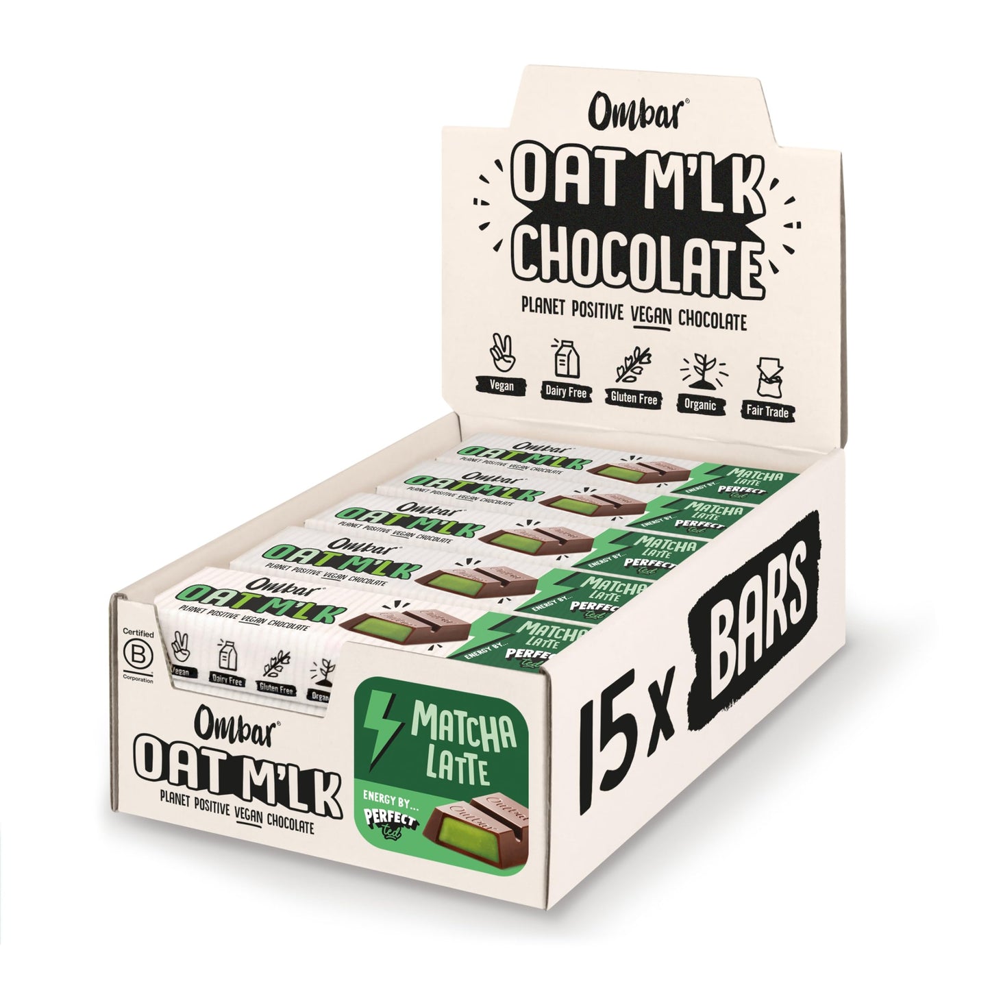 Vegan Oat Milk Chocolate - Ombar Oat M'lk Matcha Latte, Deep Filled Centres (42g x 15 Bars), Fair Trade, Dairy and Gluten Free Chocolate | Energy by