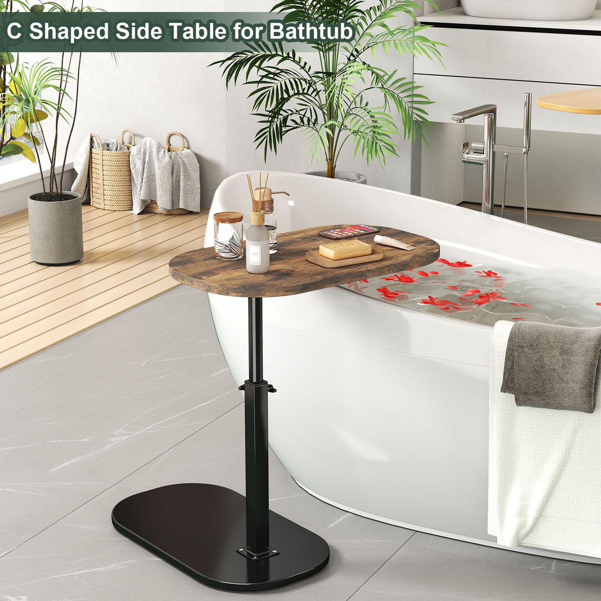 C Shaped Side Table Adjustable Height, 360°Swivel Sofa Side Table That Slide Under, Small Coffee End Table for Couch and Bedside