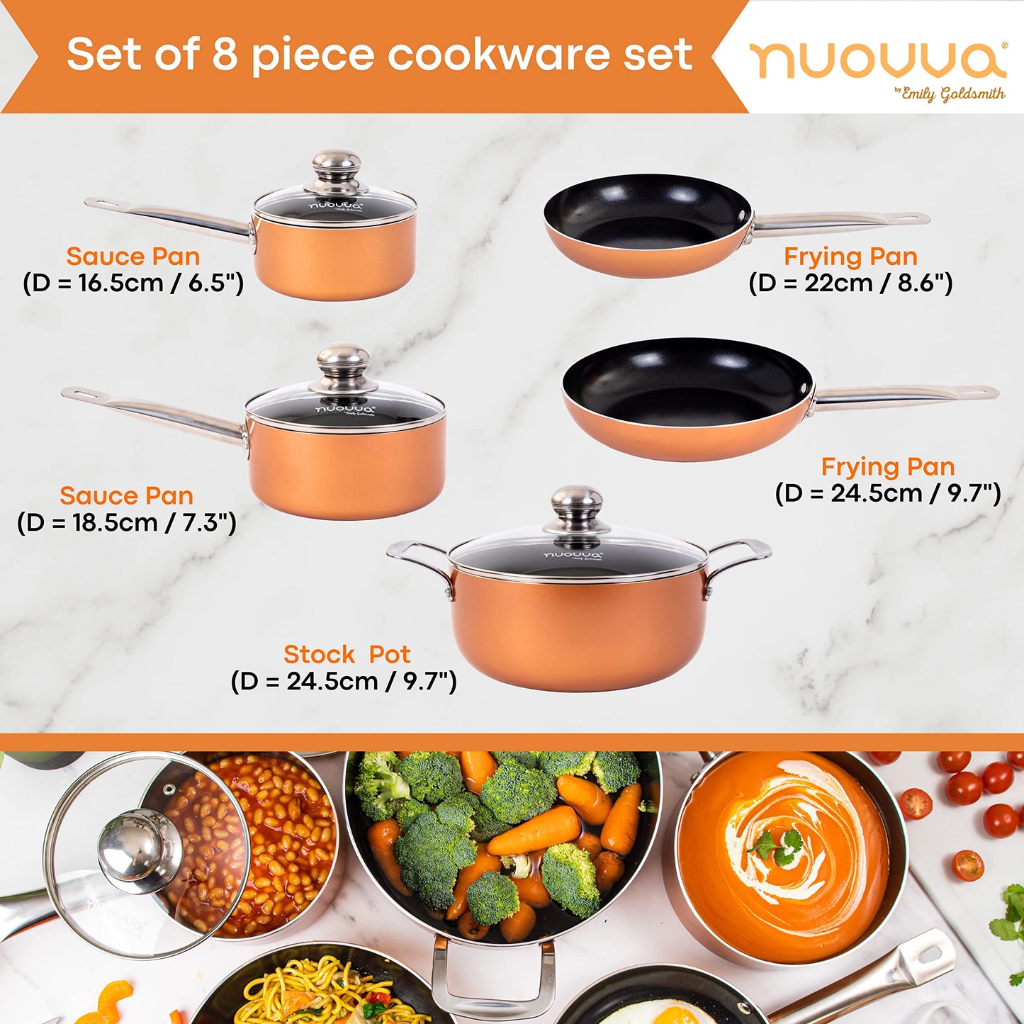 Non Stick Pots and Pans Set  Induction Hob Pots Set  8pcs Kitchen Cookware with Lids  Cooking Copper Saucepan Pots and Frying Pans  by Nuovva