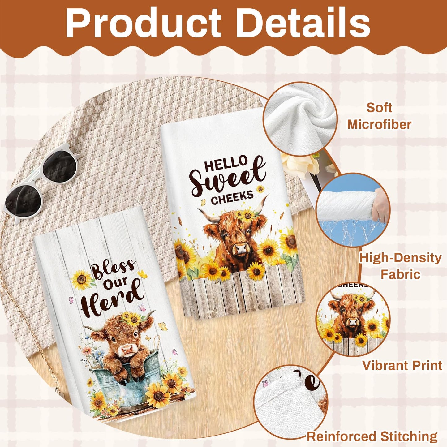 Fakcrkun Highland Cow Gifts, Highland Cow Tea Towel Set of 2, Soft Absorbent Microfiber Kitchen Towel for Kitchen, Home, Gift for Mother's Day