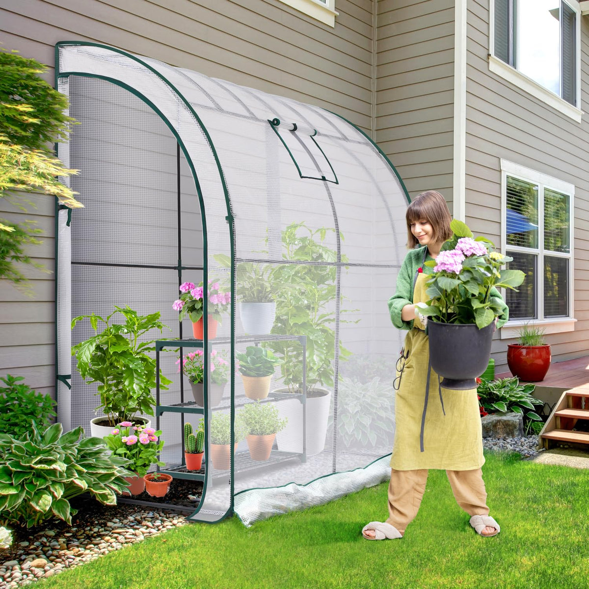 Lean to Greenhouse with Greenhouse Shelving: Ohuhu Portable Walk-in Green House with Mesh Windows 200x100x210 cm Reinforced Lean-to Wall Greenhouses