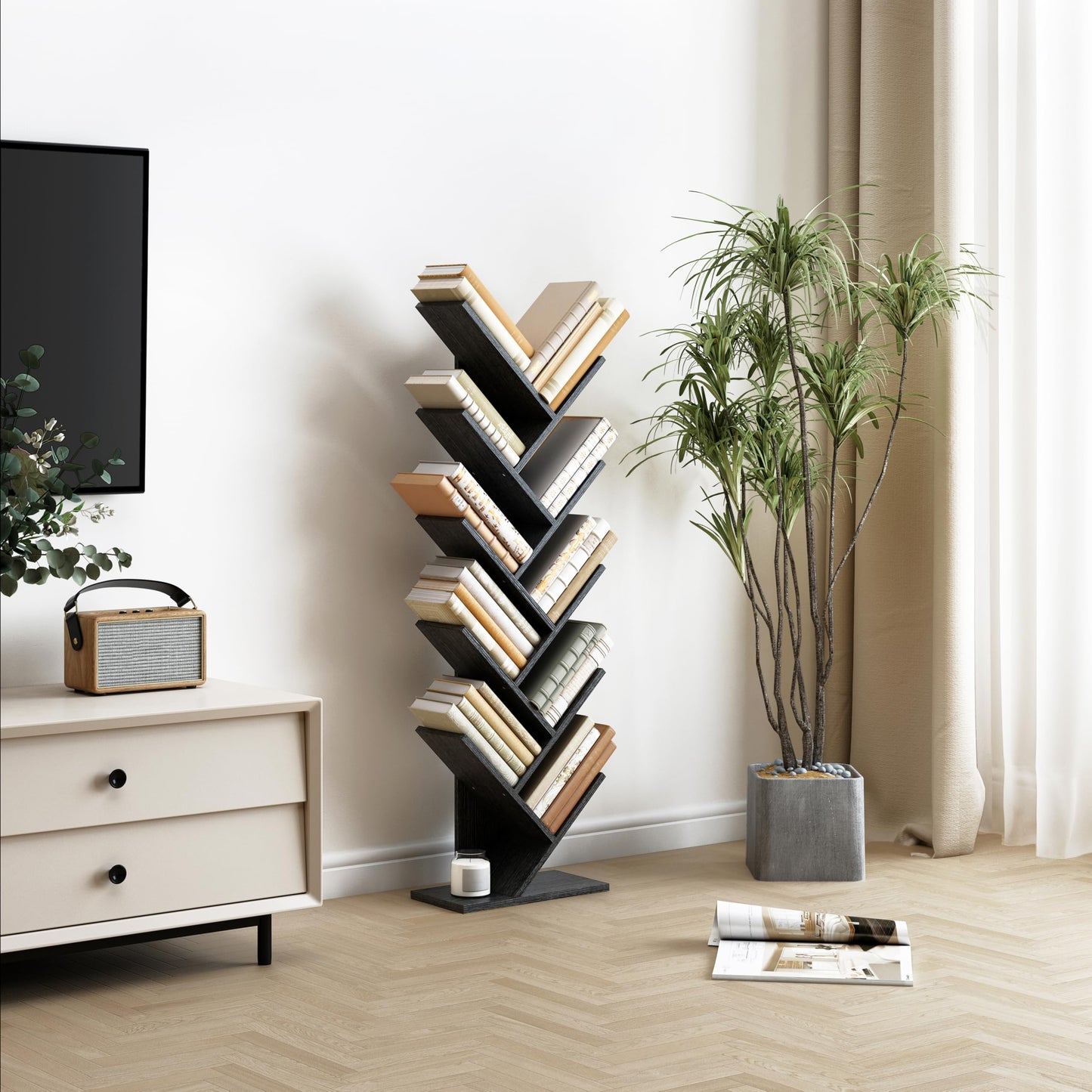 Hoctieon 10 Tier Tree Bookshelf, 10 Shelf Bookcase, Free Standing Tree Bookcase, Display Floor Standing Shelf for Books