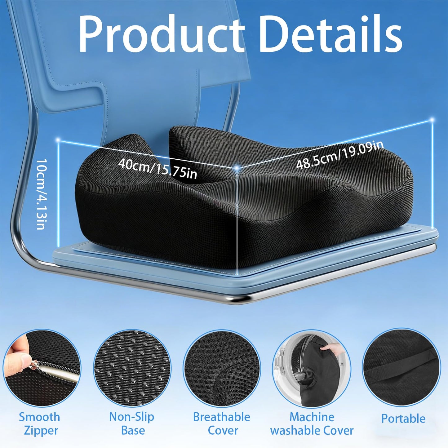 YiZhou Memory Foam Coccyx Cushion for Tailbone & Sciatica Pain Relief | Ergonomic Office Chair Cushion with Non-Slip Base | for Car, Home