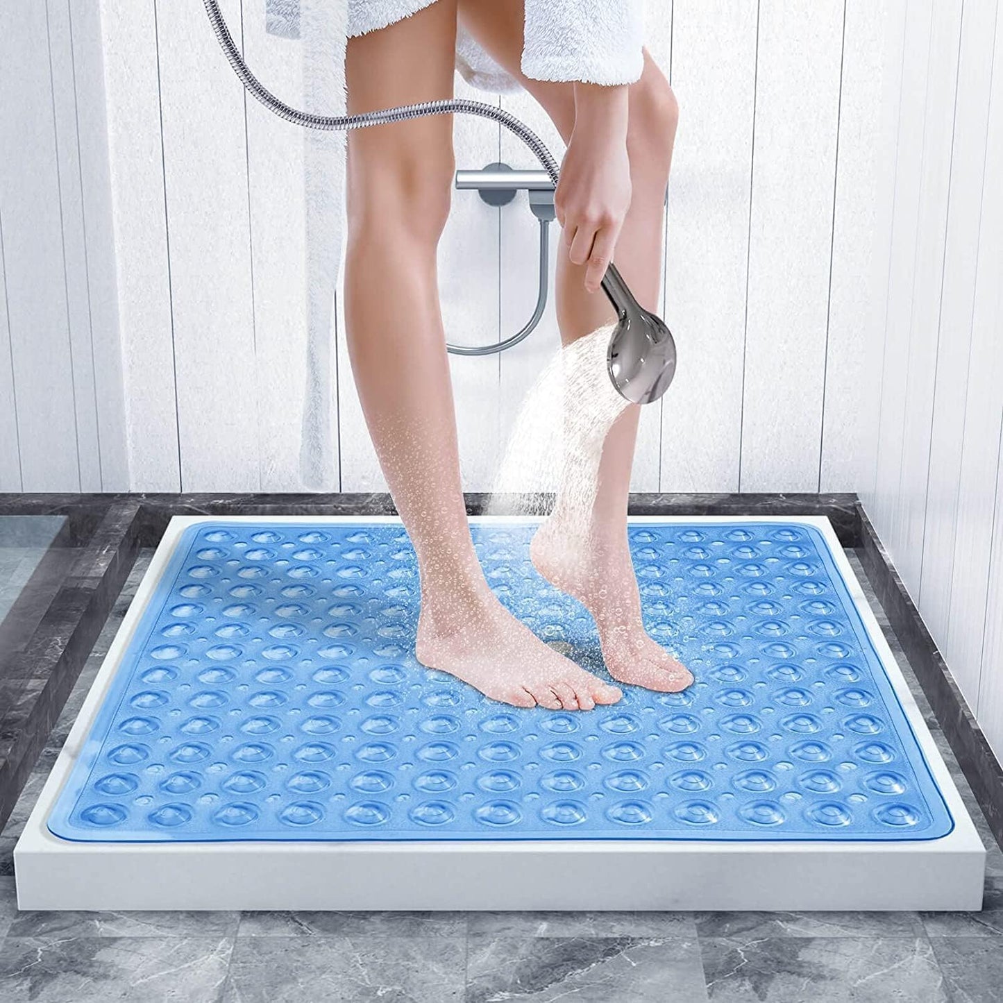 BedLooms Shower Mat Non Slip Anti Mould – Blue 53x53 cm Square Bath Mat for Bathroom & Bathtub with Strong Suction Cups Grip Bath Mats Easy Drain &