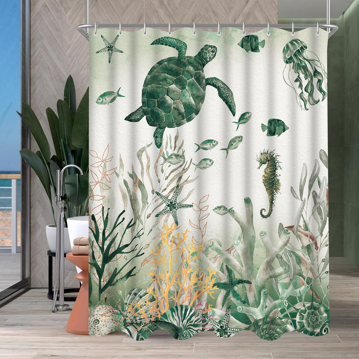Lerores Shower Curtain 120 x 200 cm, Sea Turtle Anti-Mould Textile, Weighted Hem, Water-Repellent, Washable Polyester Bath Curtains with 8 Eyelets and