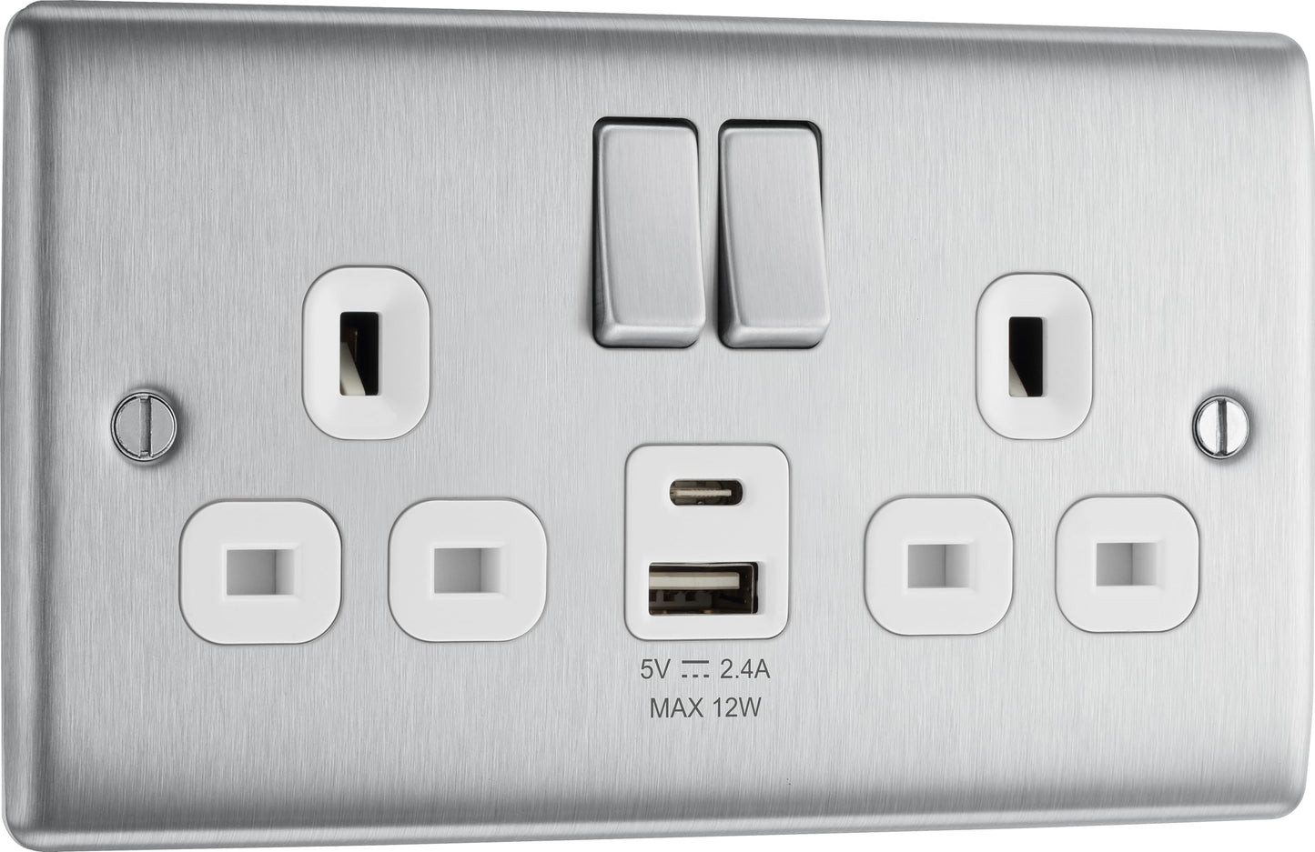 BG Electrical 12W Double Switched Power Wall Plug Socket with Type A and Type C USB Charging Ports, Nexus Metal, Brushed Steel, White Inserts, 13A,