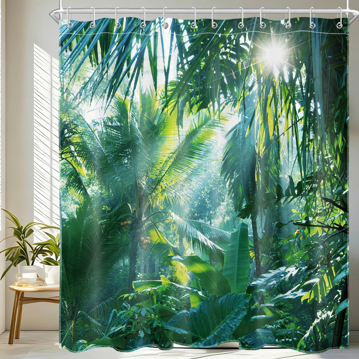 LB 59x71 inch Green Forest Shower Curtain Tropical Banana Leaves in Jungle Waterproof Anti-mold Polyester Fabric Bathroom Curtains with 10pcs Hooks