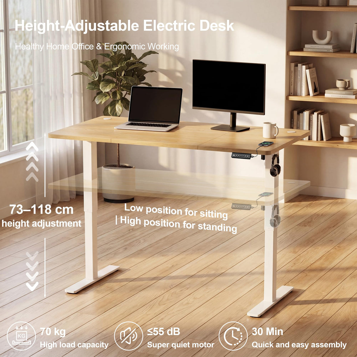 JUMMICO Electric Standing Desk 100x60cm – Height Adjustable with USB Charging, Sedentary Reminder, Memory Heights for Home Office Use, Beige