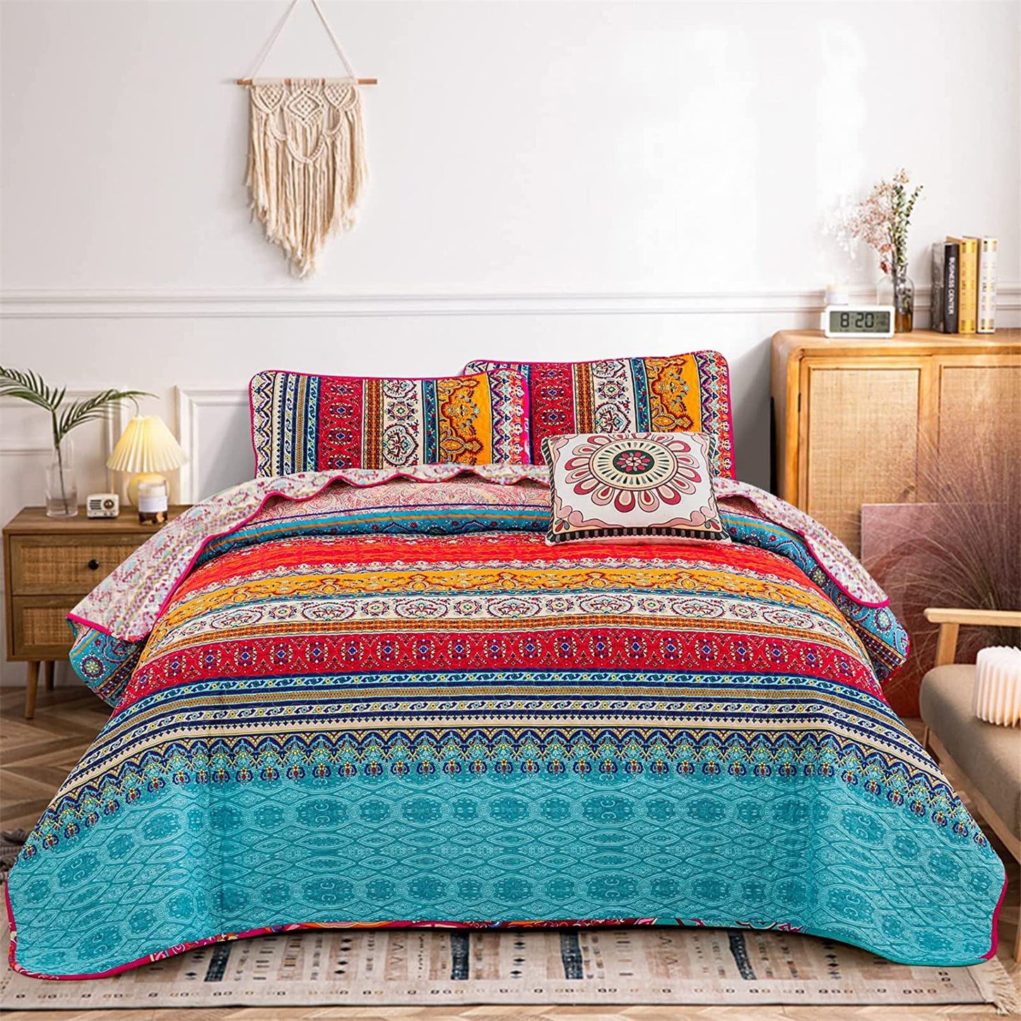 WONGS BEDDING King Size Reversible Bohemian Bedspread with 2 Pillowcases Boho Striped Bedspread Coverlet for All Season Soft Microfiber Quilt