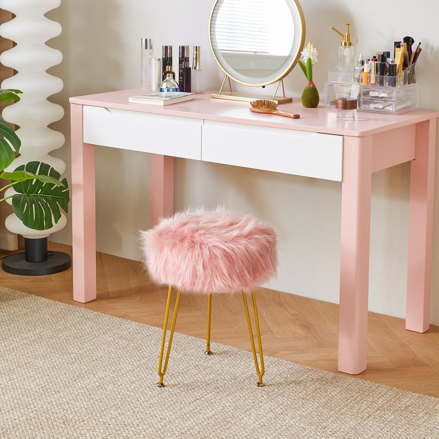 IBUYKE Faux Fur Vanity Chair, Furry Makeup Stool Ottoman, Pink L/G-32P
