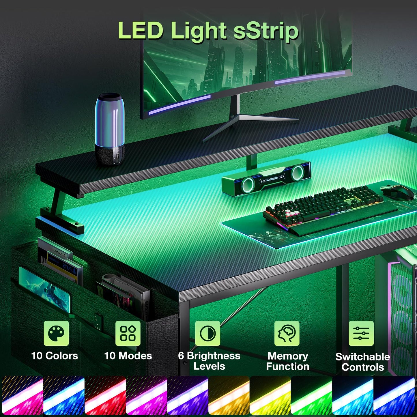 Coleshome L Shaped Gaming Desk with LED Lights & Power Outlet, 100x70 cm