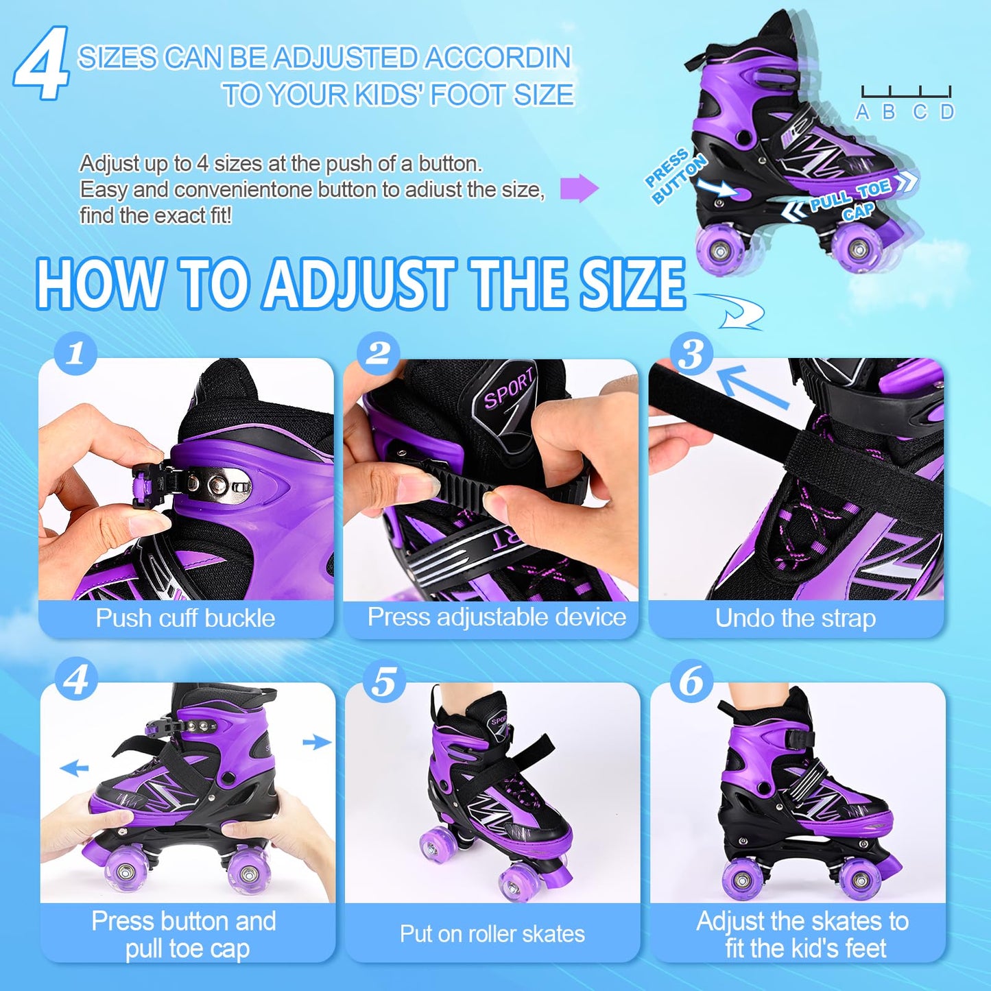 Kids Girls Boys Roller Skates For Toddler Children Beginner, 4 Sizes Adjustable Kids Roller Skates with Light Up Wheels